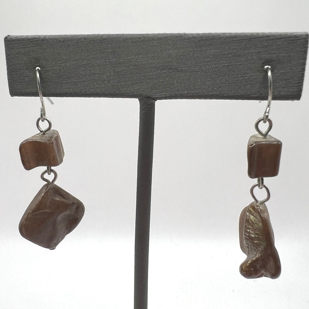 Brown Stone Pierced Earrings‎ Silver Tone Dangle Drop